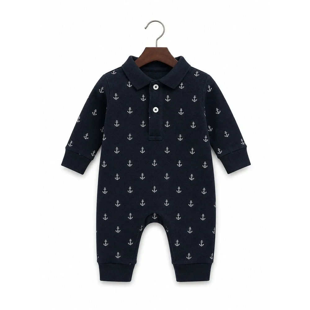 Ralph‎ Lauren Boys Romper Size 6 Months Black Pique Long Sleeve Polo Anchors Tan